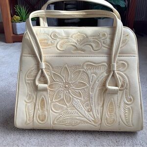 Vintage Hand tooled off -white/cream leather handbag